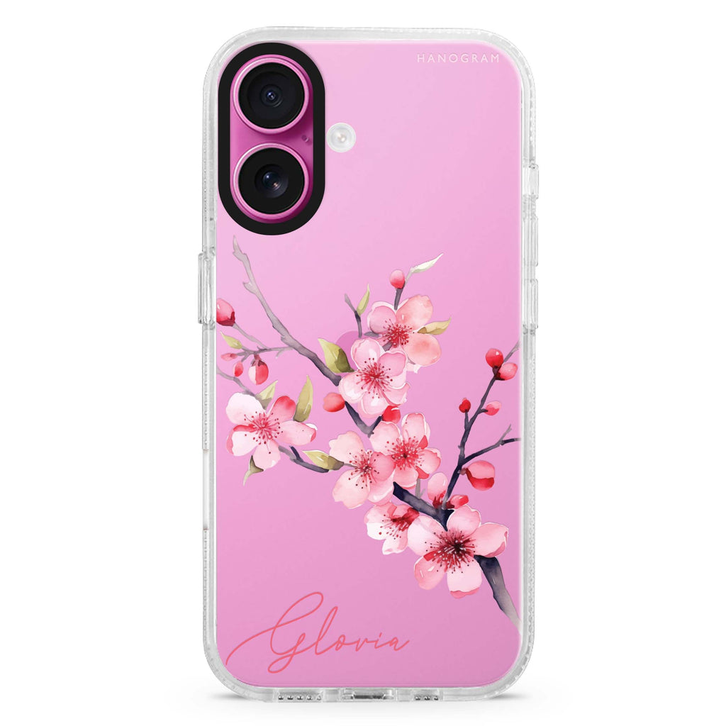 Petal Harmony custom name iPhone 16 and 16 Plus ultra clear case, transparent floral artwork, front product view