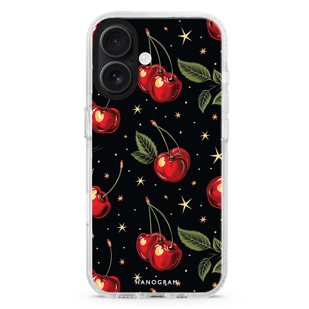 Cherry Harmony iPhone 16 and 16 Plus ultra clear case, transparent fruit artwork, front product view