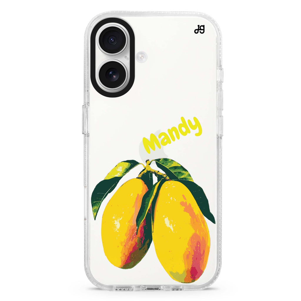 Mango Majesty custom name iPhone 16 and 16 Plus ultra clear case, transparent graphic artwork, front product view