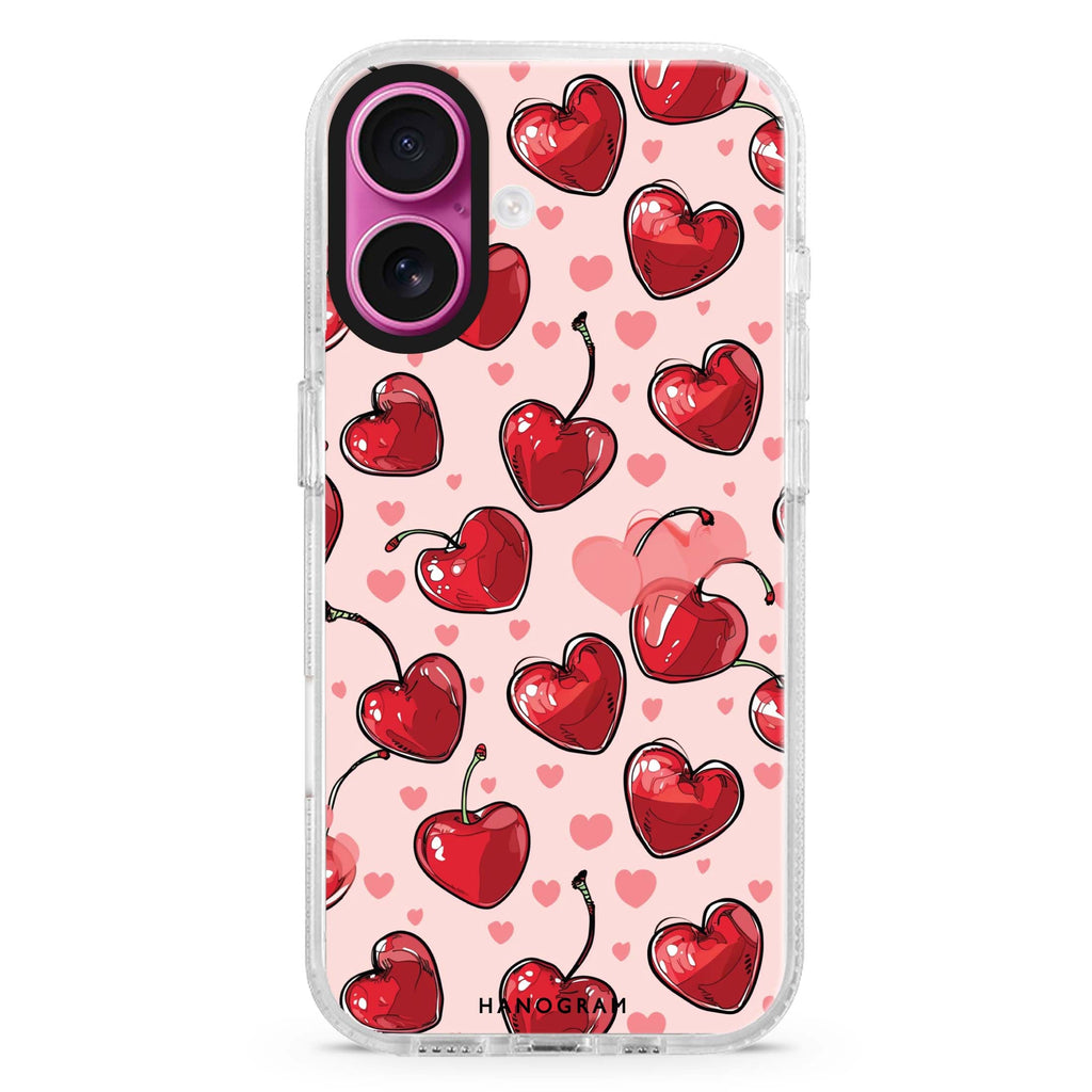 Cherry Amore iPhone 16 and 16 Plus ultra clear case, transparent fruit artwork, front product view