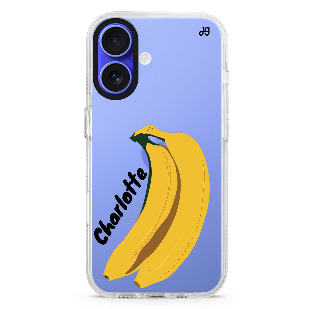 Banana Breeze custom name iPhone 16 and 16 Plus ultra clear case, transparent graphic artwork, front product view