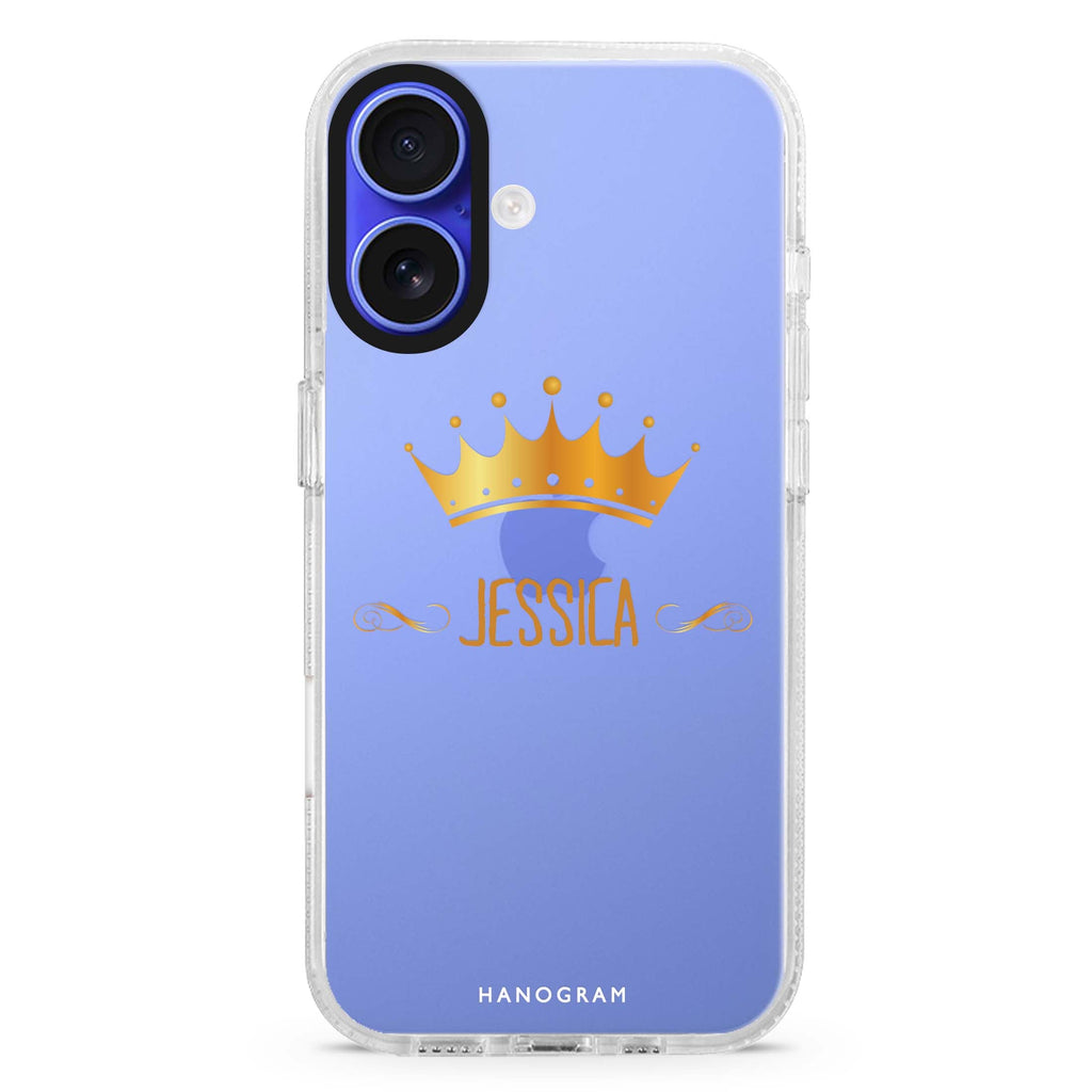 Queen's crown custom name iPhone 16 and 16 Plus ultra clear case, transparent graphic artwork, front product view