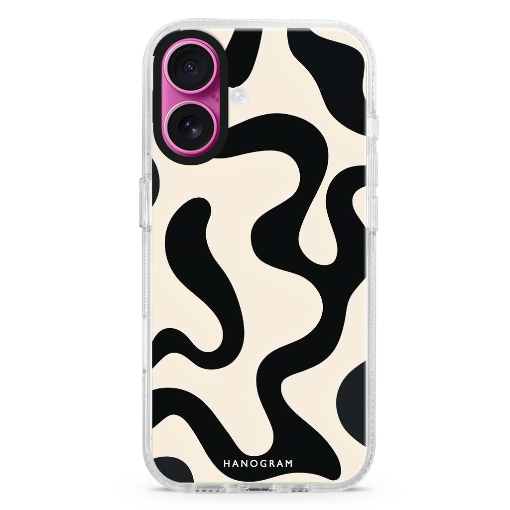 Interlock Noir iPhone 16 and 16 Plus ultra clear case, transparent graphic artwork, front product view