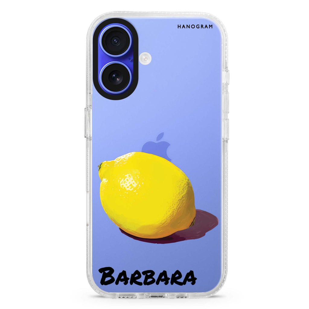 Lemon Lush custom name iPhone 16 and 16 Plus ultra clear case, transparent fruit artwork, front product view