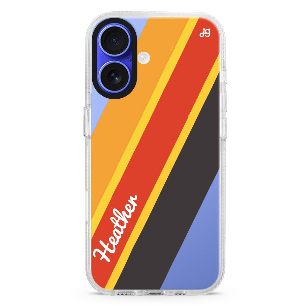 Timeless Twist custom name iPhone 16 and 16 Plus ultra clear case, transparent graphic artwork, front product view