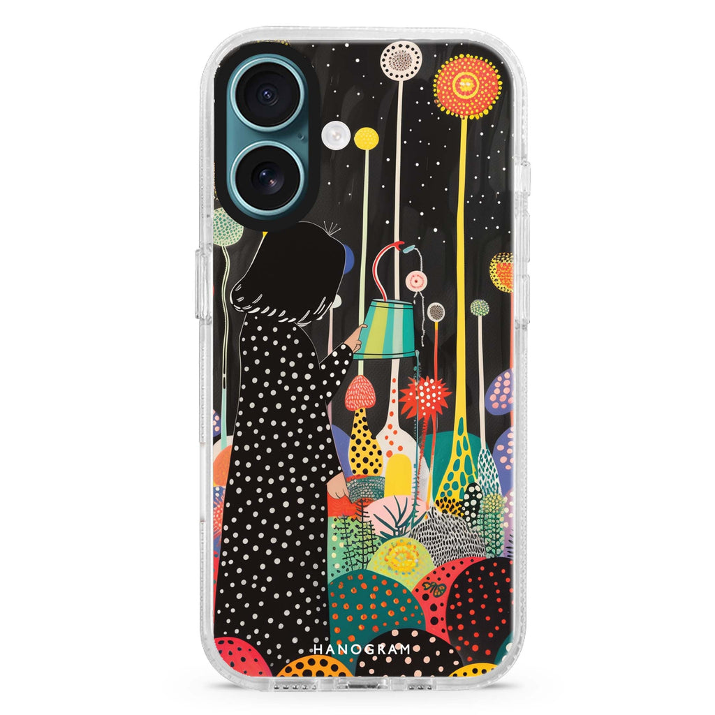 Flora Caretaker iPhone 16 and 16 Plus ultra clear case, transparent graphic artwork, front product view
