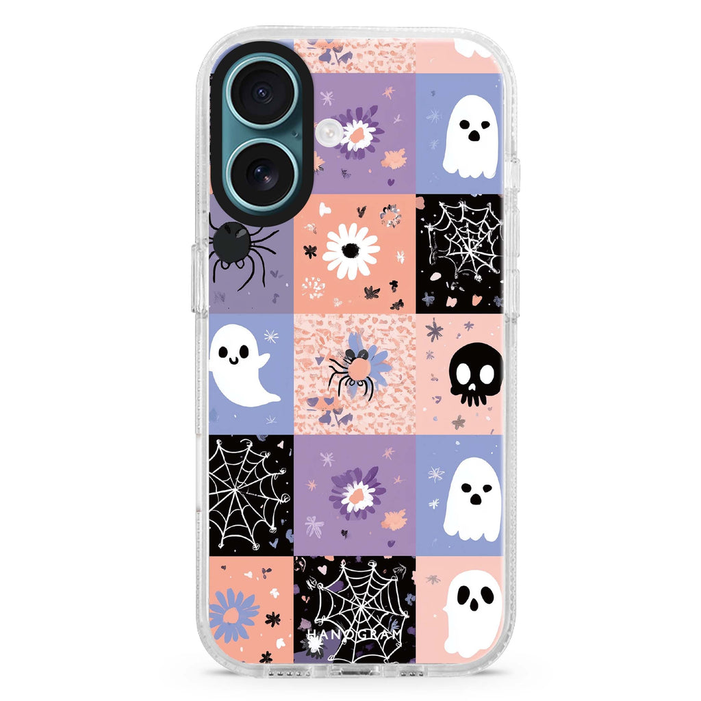 Pastel Patchwork Haunts iPhone 16 and 16 Plus ultra clear case, transparent graphic artwork, front product view
