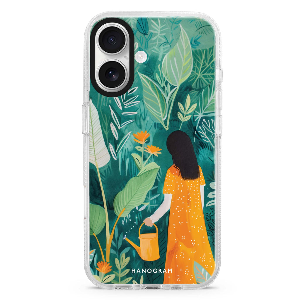 Growth Guardian iPhone 16 and 16 Plus ultra clear case, transparent graphic artwork, front product view