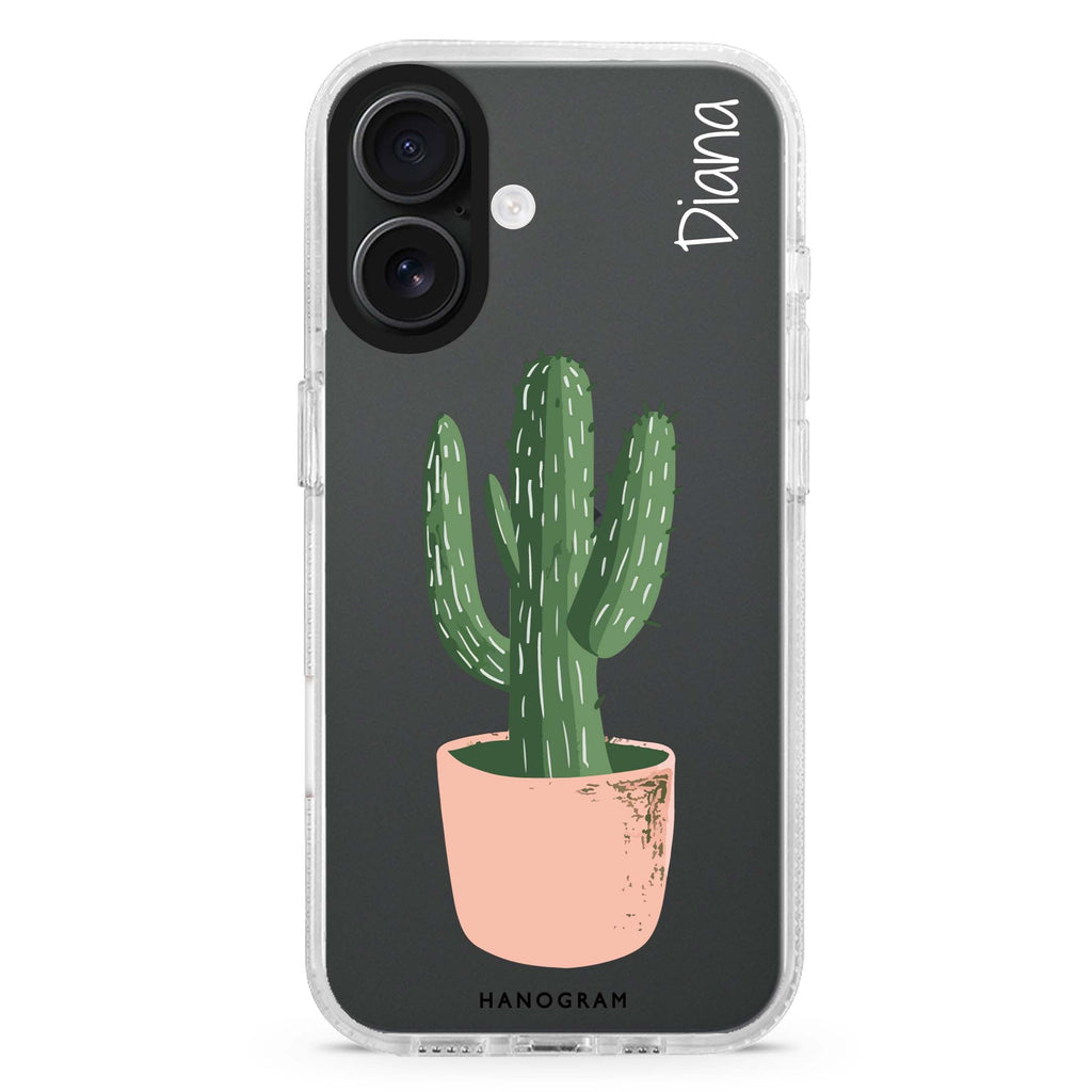 Cacti Delight custom name iPhone 16 and 16 Plus ultra clear case, transparent graphic artwork, front product view