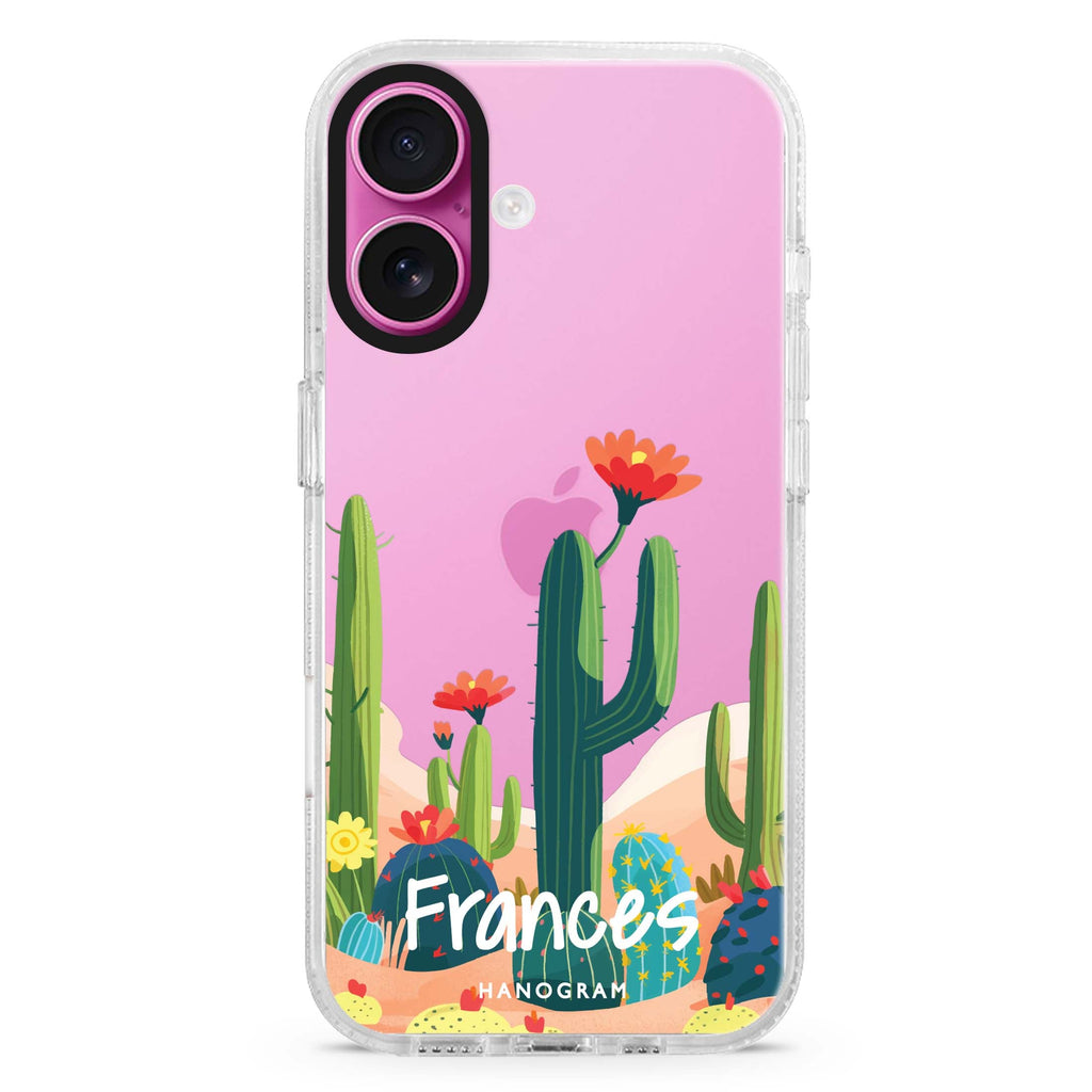 Desert Bloom custom name iPhone 16 and 16 Plus ultra clear case, transparent graphic artwork, front product view