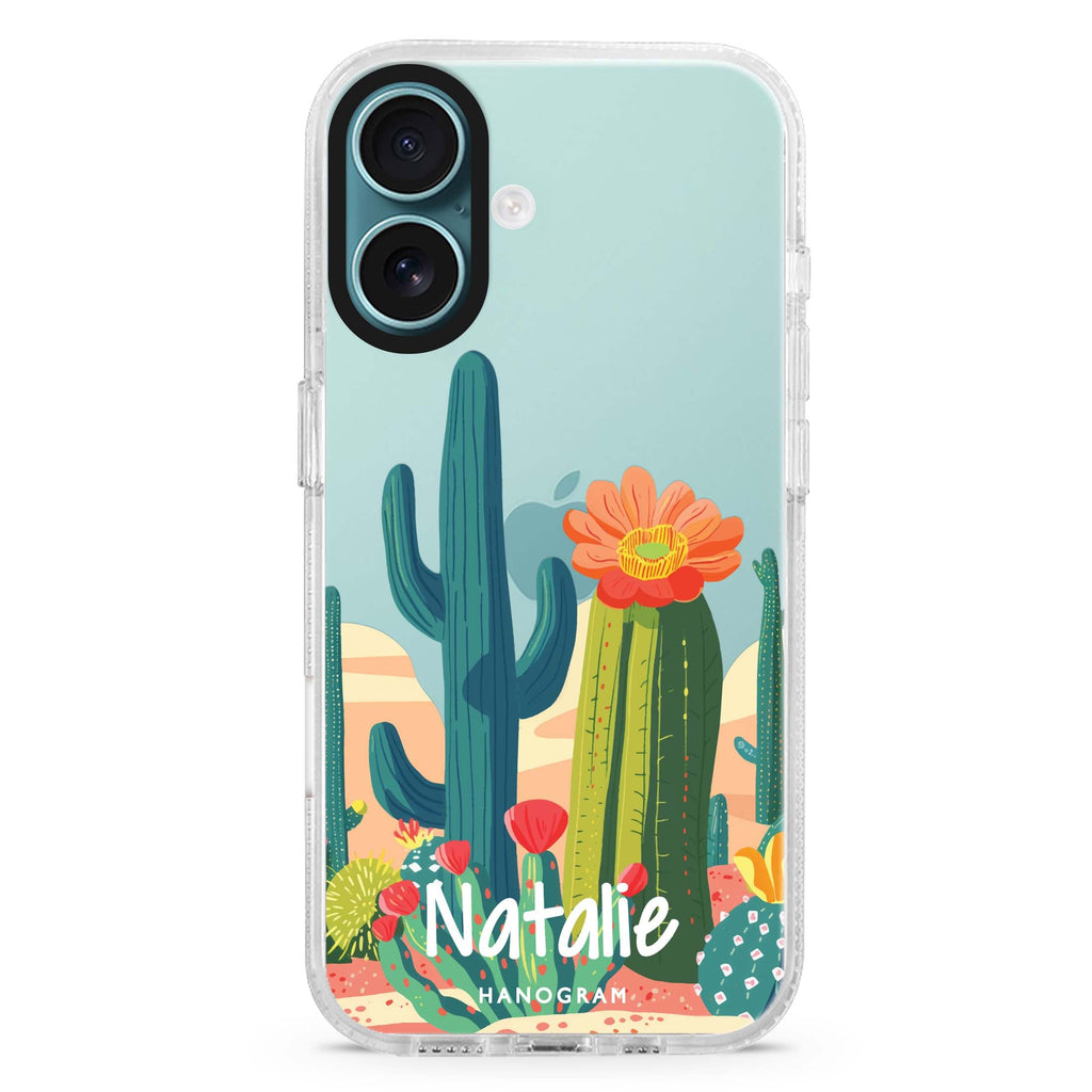 Desert Oasis custom name iPhone 16 and 16 Plus ultra clear case, transparent graphic artwork, front product view