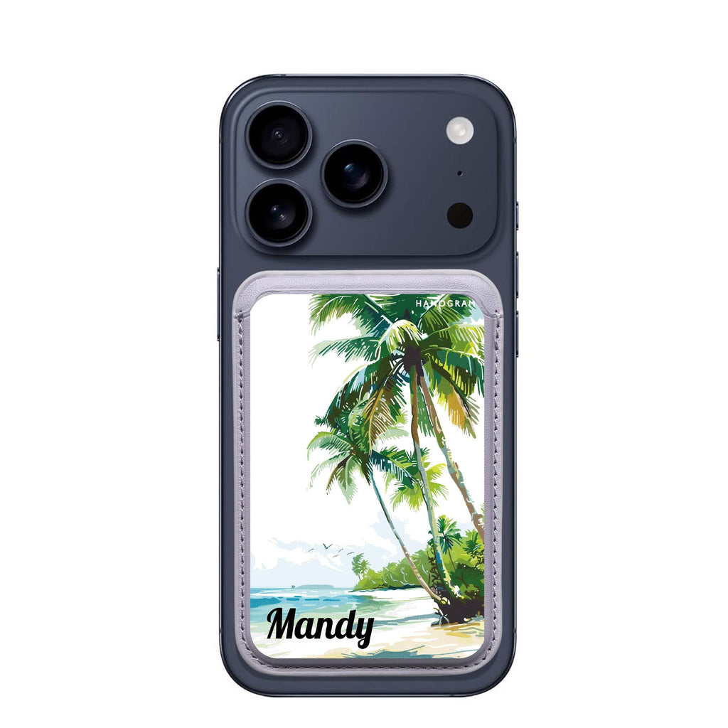 Tropical Tranquility custom name MagSafe wallet for iPhone, personalized magnetic card holder, main view