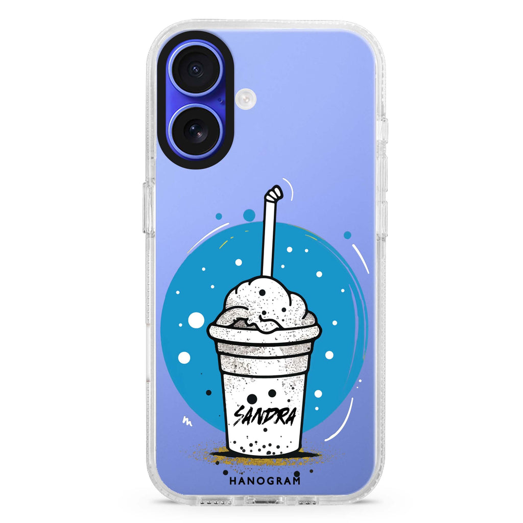 Frosty Delight custom name iPhone 16 and 16 Plus ultra clear case, transparent graphic artwork, front product view