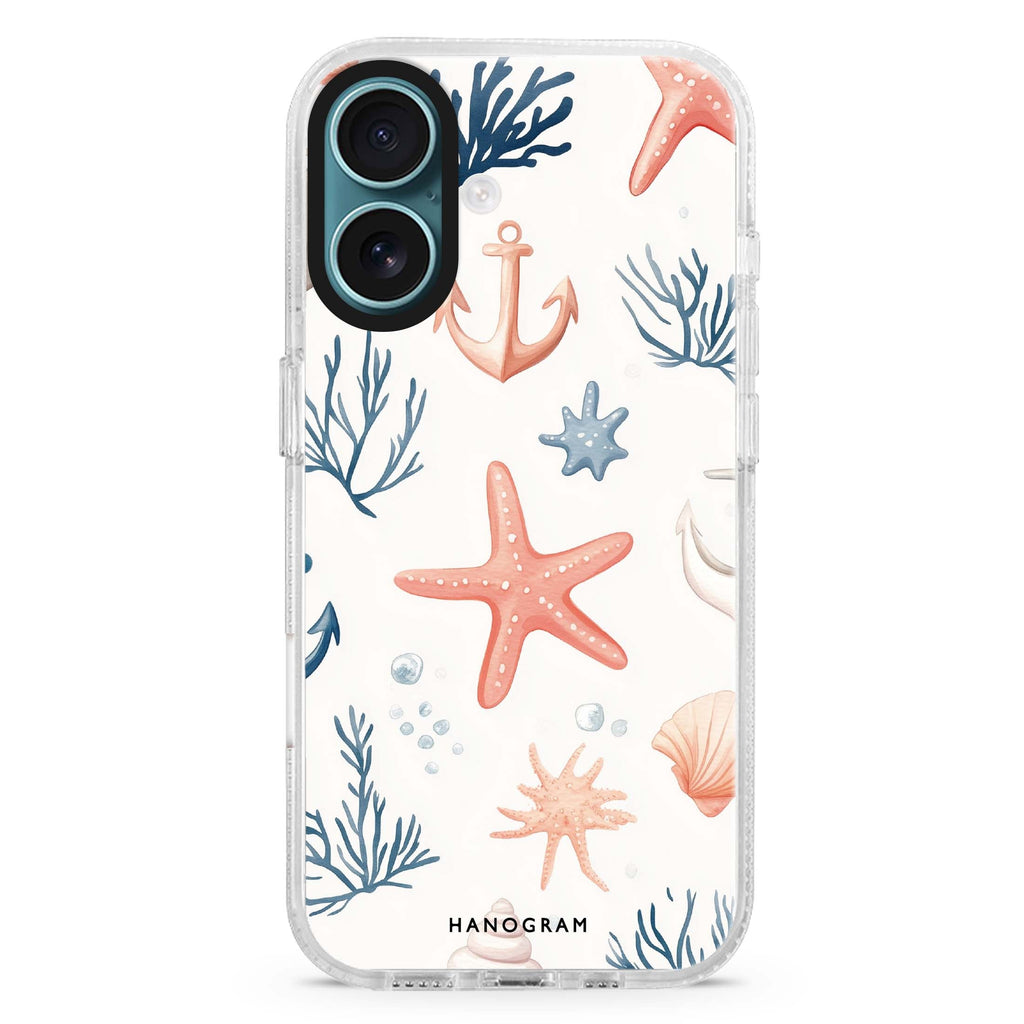 Seaside Sprinkles iPhone 16 and 16 Plus ultra clear case, transparent beach artwork, front product view
