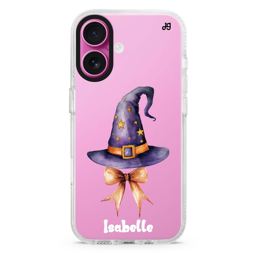 Enchanted Starry Hat custom name iPhone 16 and 16 Plus ultra clear case, transparent celestial artwork, front product view