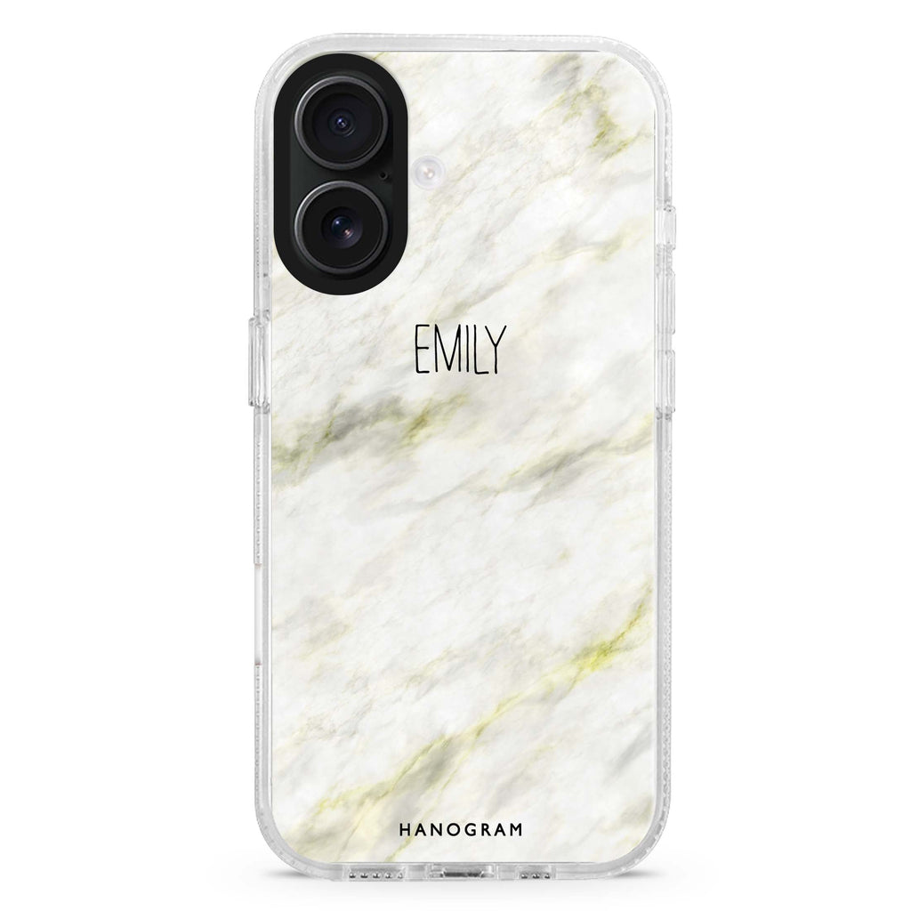Grand Marble II custom name iPhone 16 and 16 Plus ultra clear case, transparent marble pattern, front product view