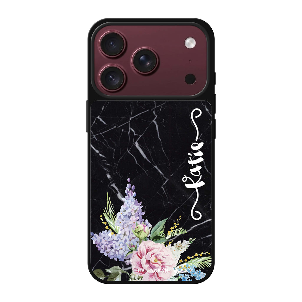 Floral & Black Marble personalized name black spring flower floral iPhone 18 Pro Max mirror case