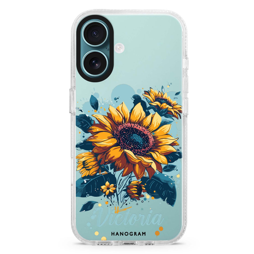Sun-Kissed Petals custom name iPhone 16 and 16 Plus ultra clear case, transparent floral artwork, front product view