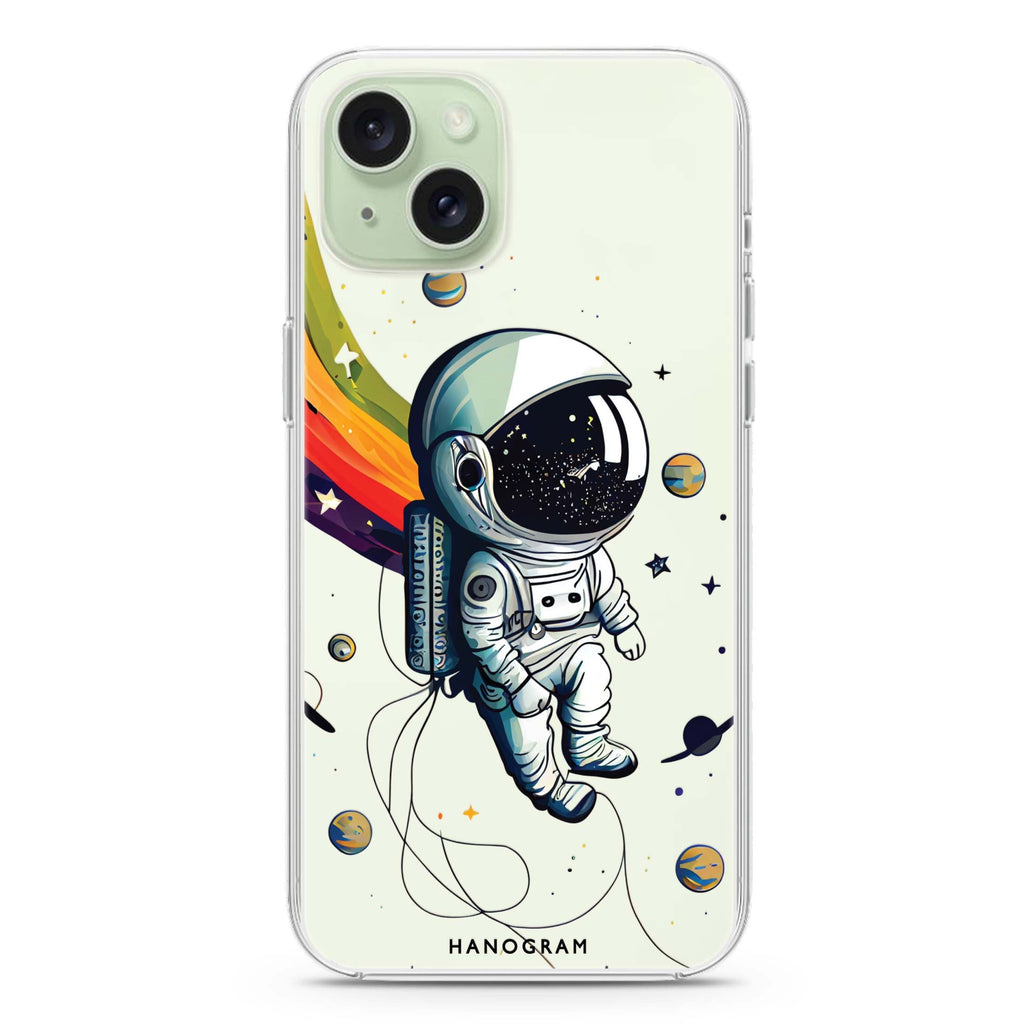 Astronaut in rainbow iPhone 15 plus Ultra Clear Case