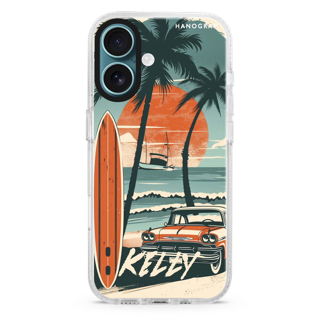 Surf Vibes custom name iPhone 16 and 16 Plus ultra clear case, transparent beach artwork, front product view