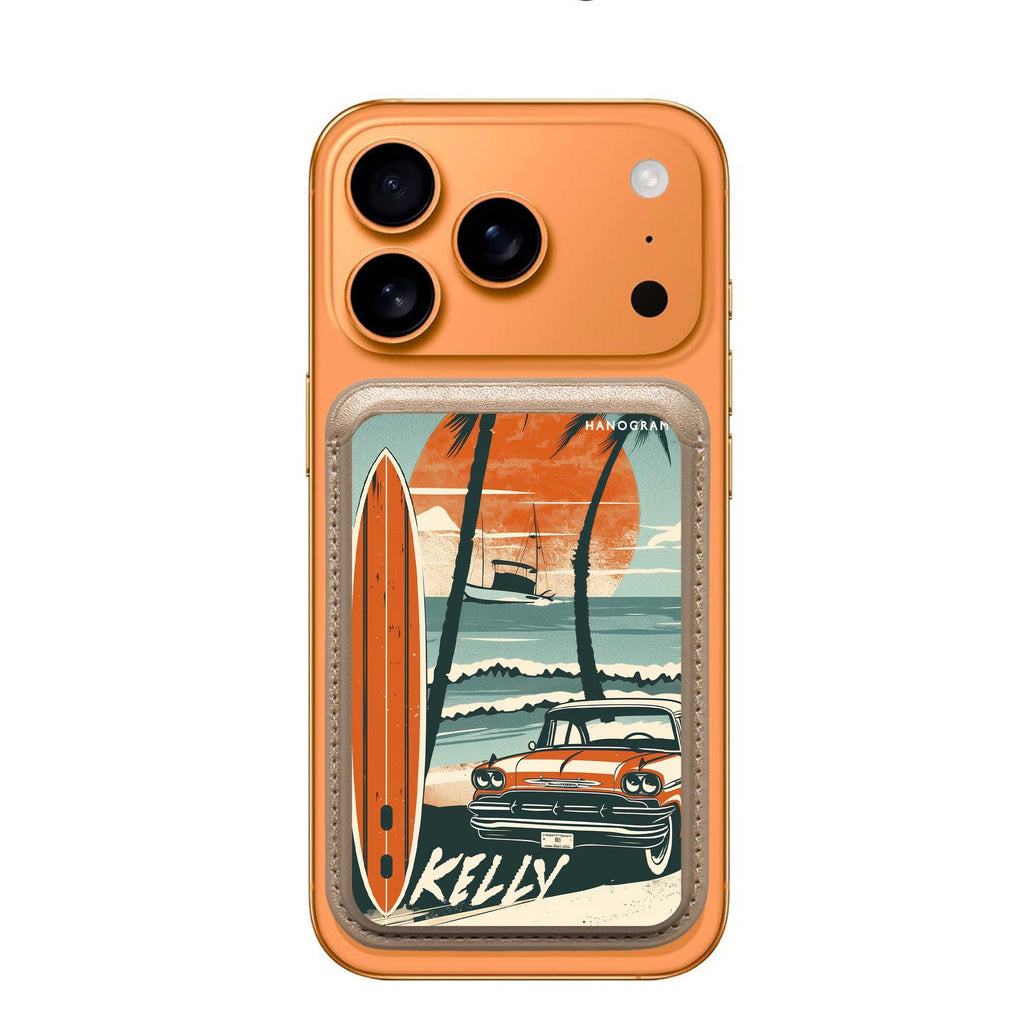 Surf Vibes custom name MagSafe wallet for iPhone, personalized magnetic card holder, main view