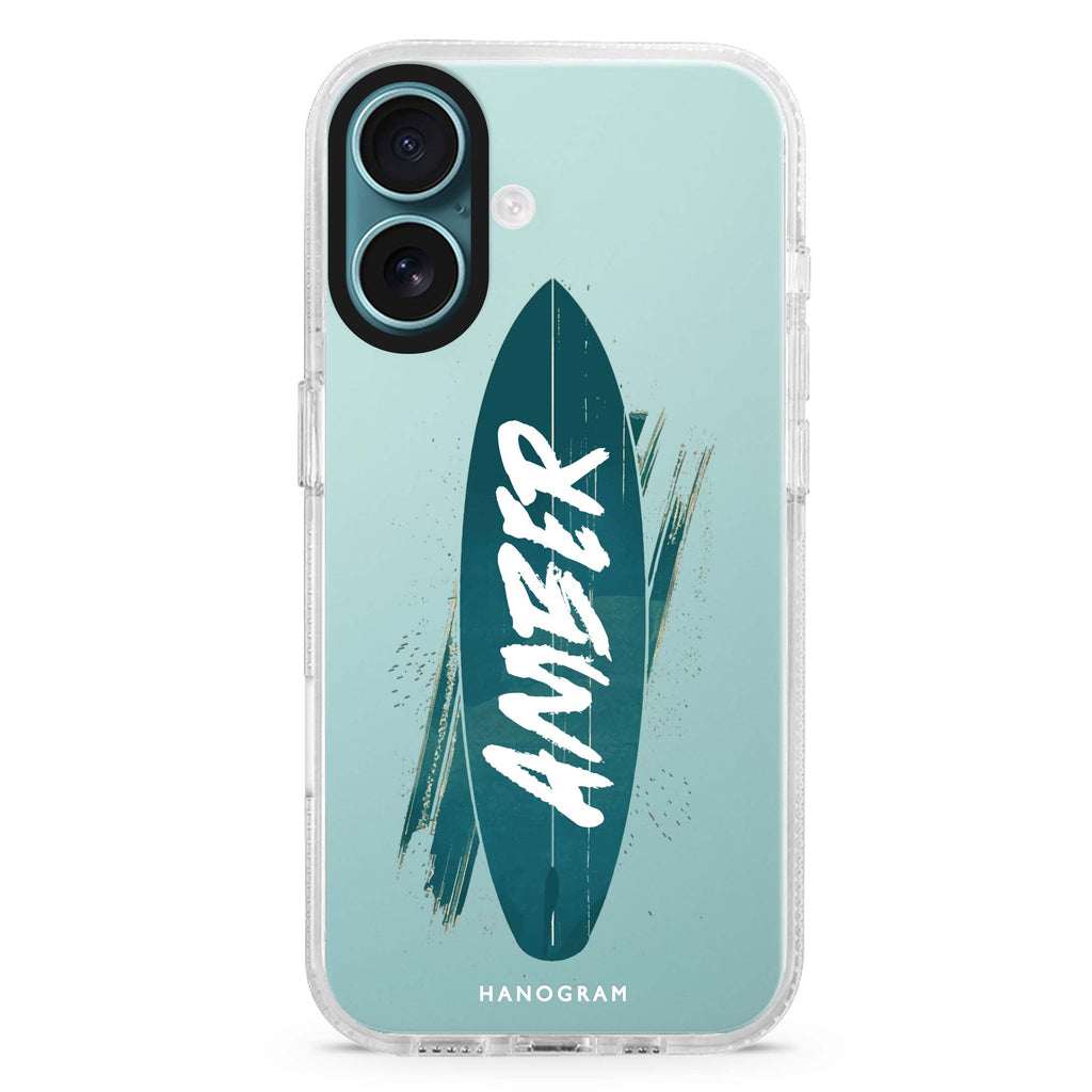 Surf's Up custom name iPhone 16 and 16 Plus ultra clear case, transparent beach artwork, front product view