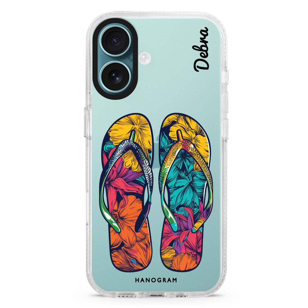 Beach Walkers custom name iPhone 16 and 16 Plus ultra clear case, transparent beach artwork, front product view