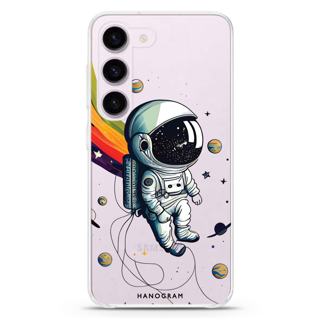 Astronaut in rainbow ultra-clear case for Samsung Galaxy S23/S22, front view