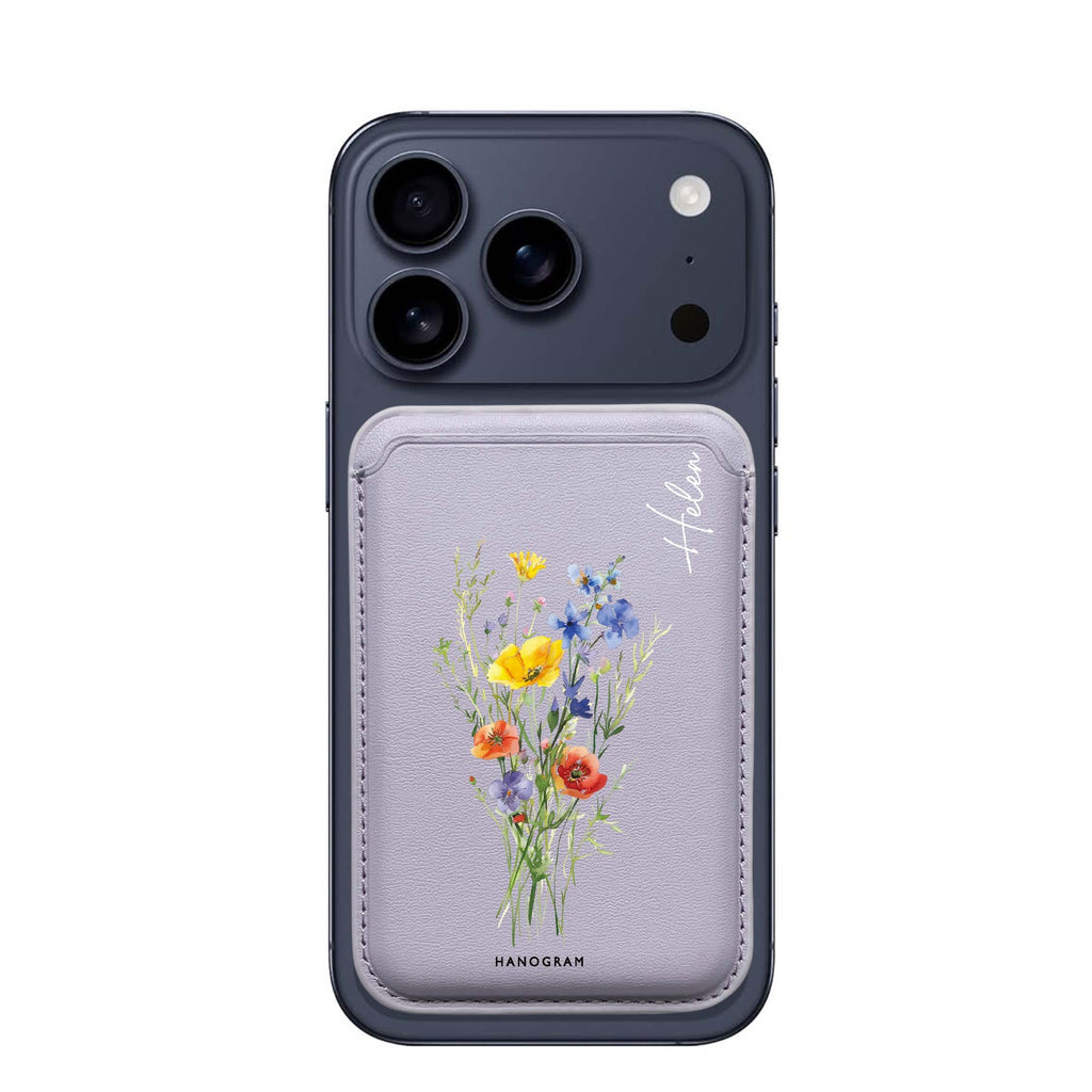 Wildflower Whimsy custom name MagSafe wallet for iPhone, personalized magnetic card holder, main view