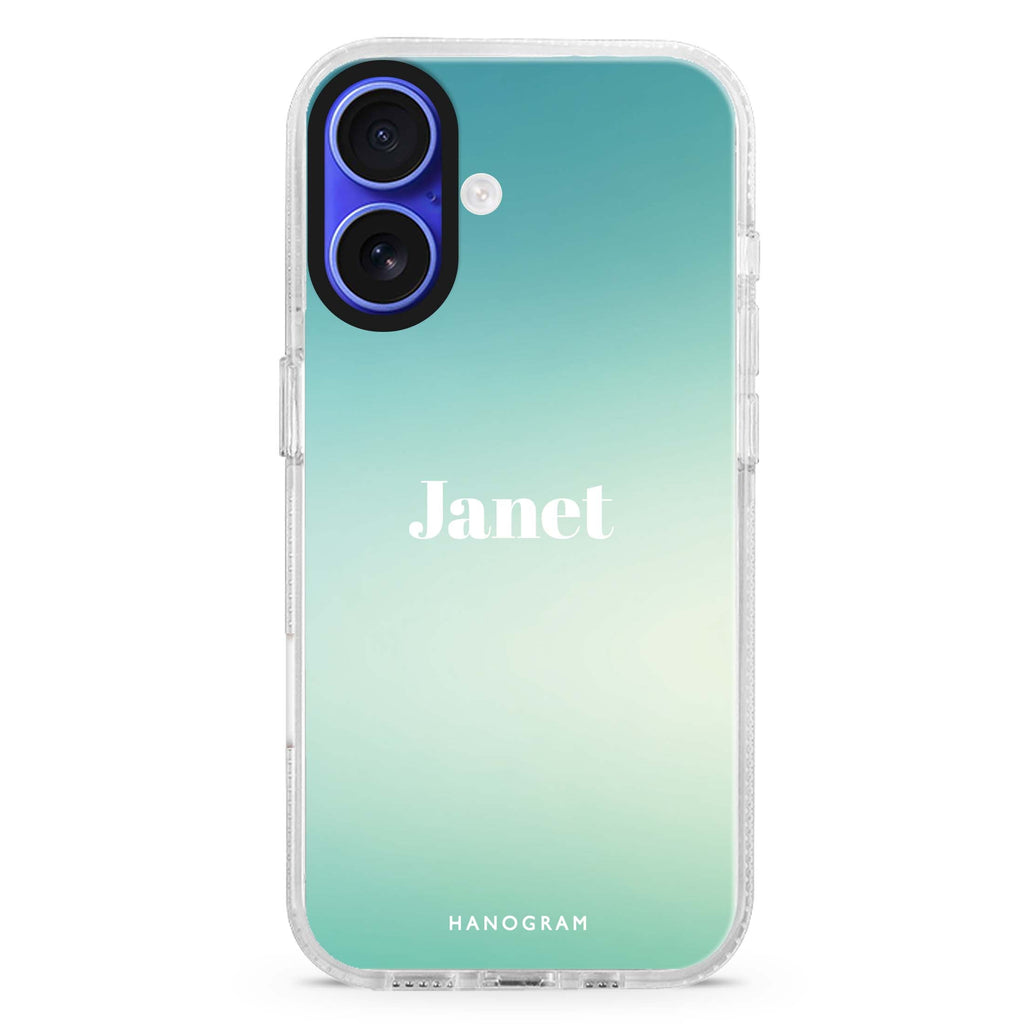 Ocean Mist custom name iPhone 16 and 16 Plus ultra clear case, transparent beach artwork, front product view