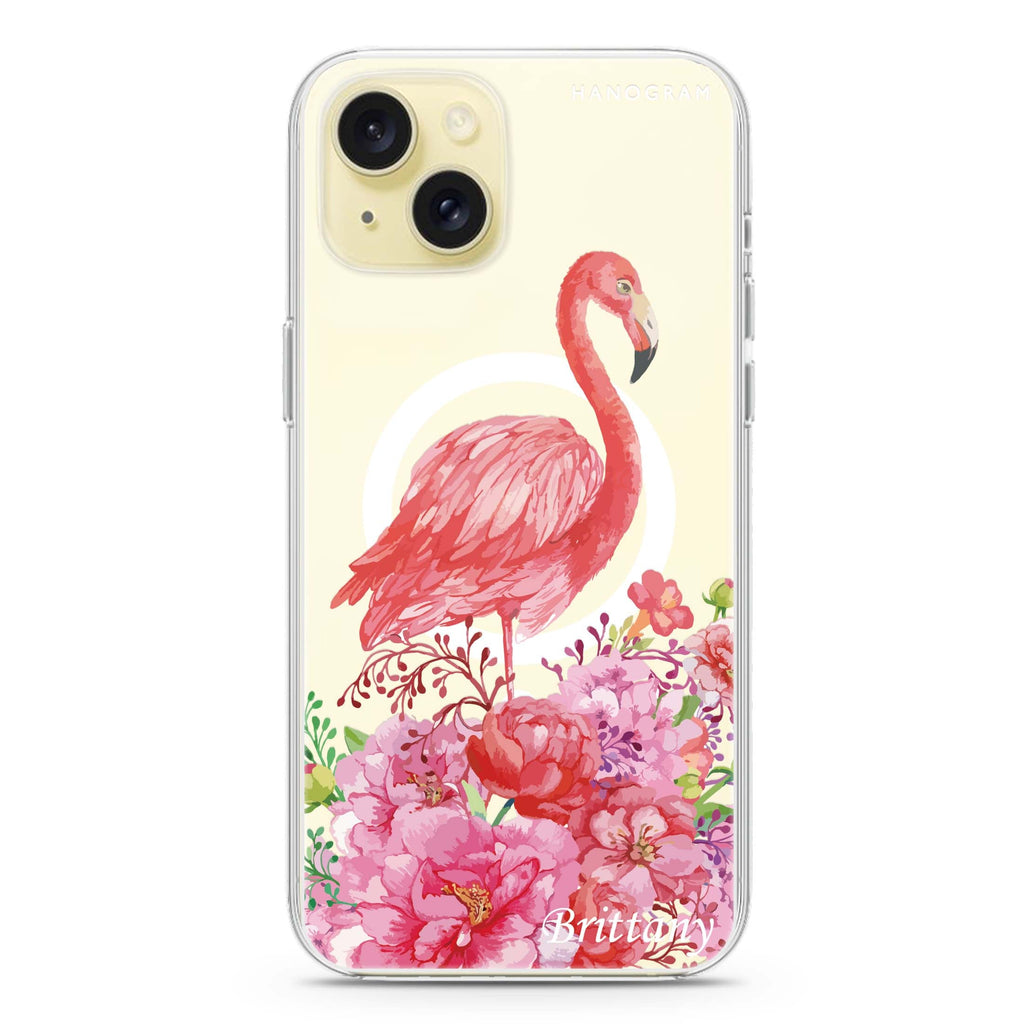 Flamingo & Flower iPhone 15 Plus MagSafe Compatible Ultra Clear Case