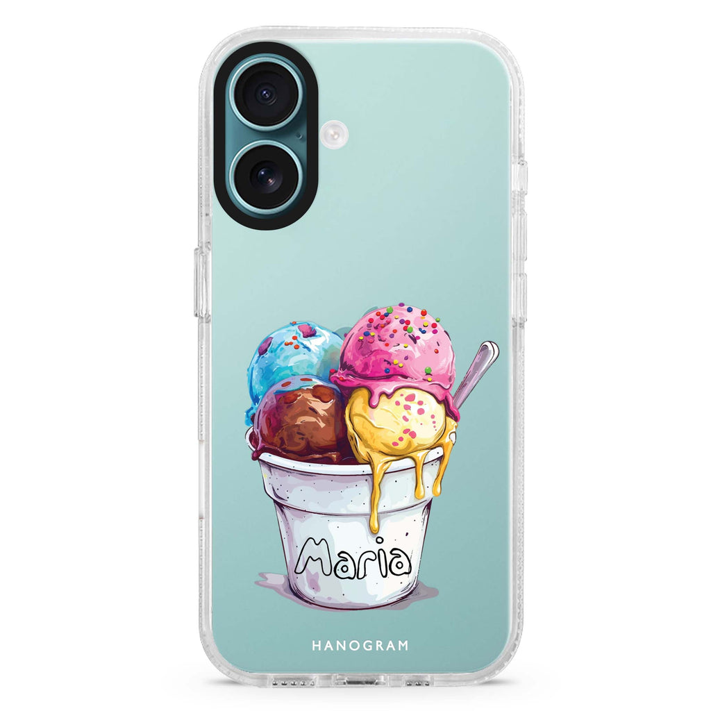 Sweet Scoops custom name iPhone 16 and 16 Plus ultra clear case, transparent romantic artwork, front product view