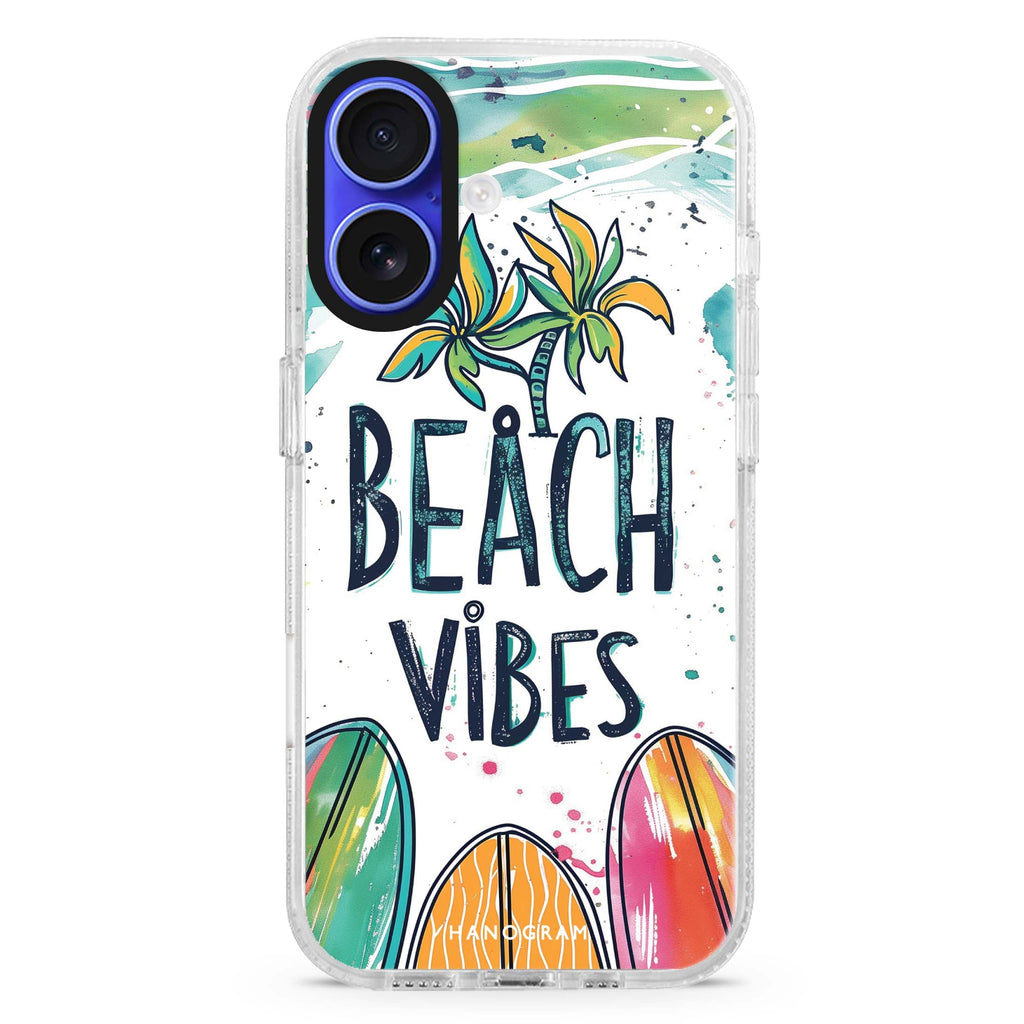 Sand and Surf iPhone 16 and 16 Plus ultra clear case, transparent beach artwork, front product view