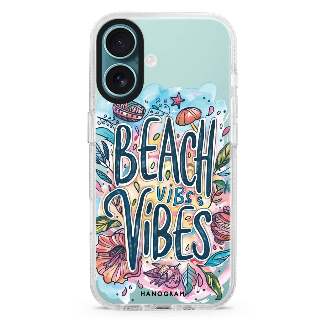 Tropical Escape iPhone 16 and 16 Plus ultra clear case, transparent graphic artwork, front product view