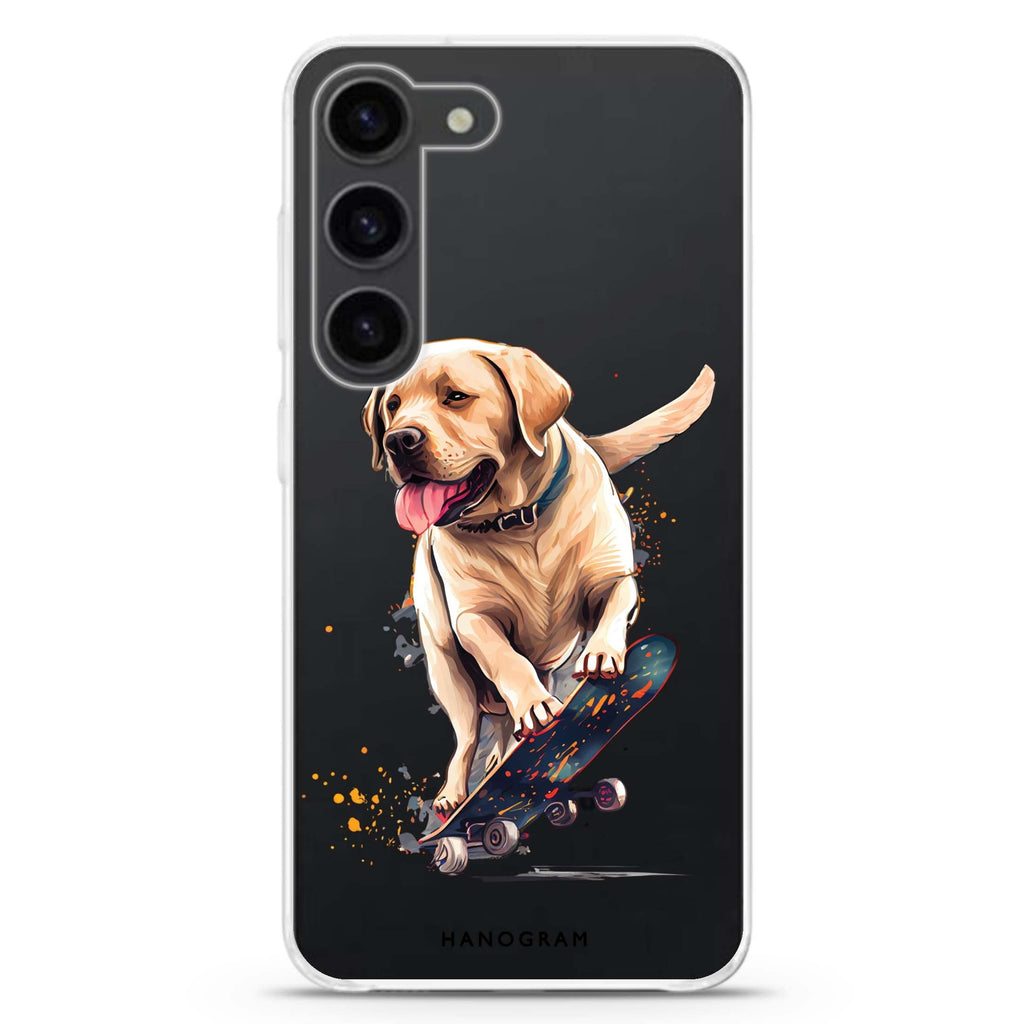 Dog on skateboard ultra-clear case for Samsung Galaxy S23/S22, front view