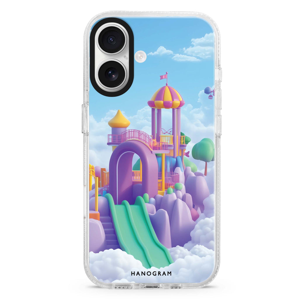 Cloudslide Carnival iPhone 16 and 16 Plus ultra clear case, transparent celestial artwork, front product view