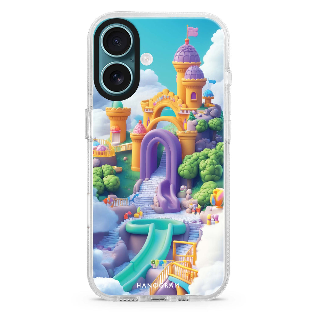 Mystic Playground iPhone 16 and 16 Plus ultra clear case, transparent graphic artwork, front product view
