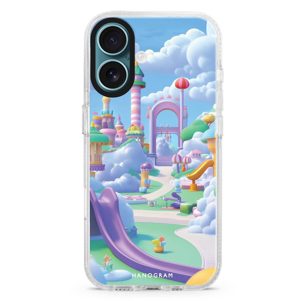 Skybound Adventure iPhone 16 and 16 Plus ultra clear case, transparent celestial artwork, front product view