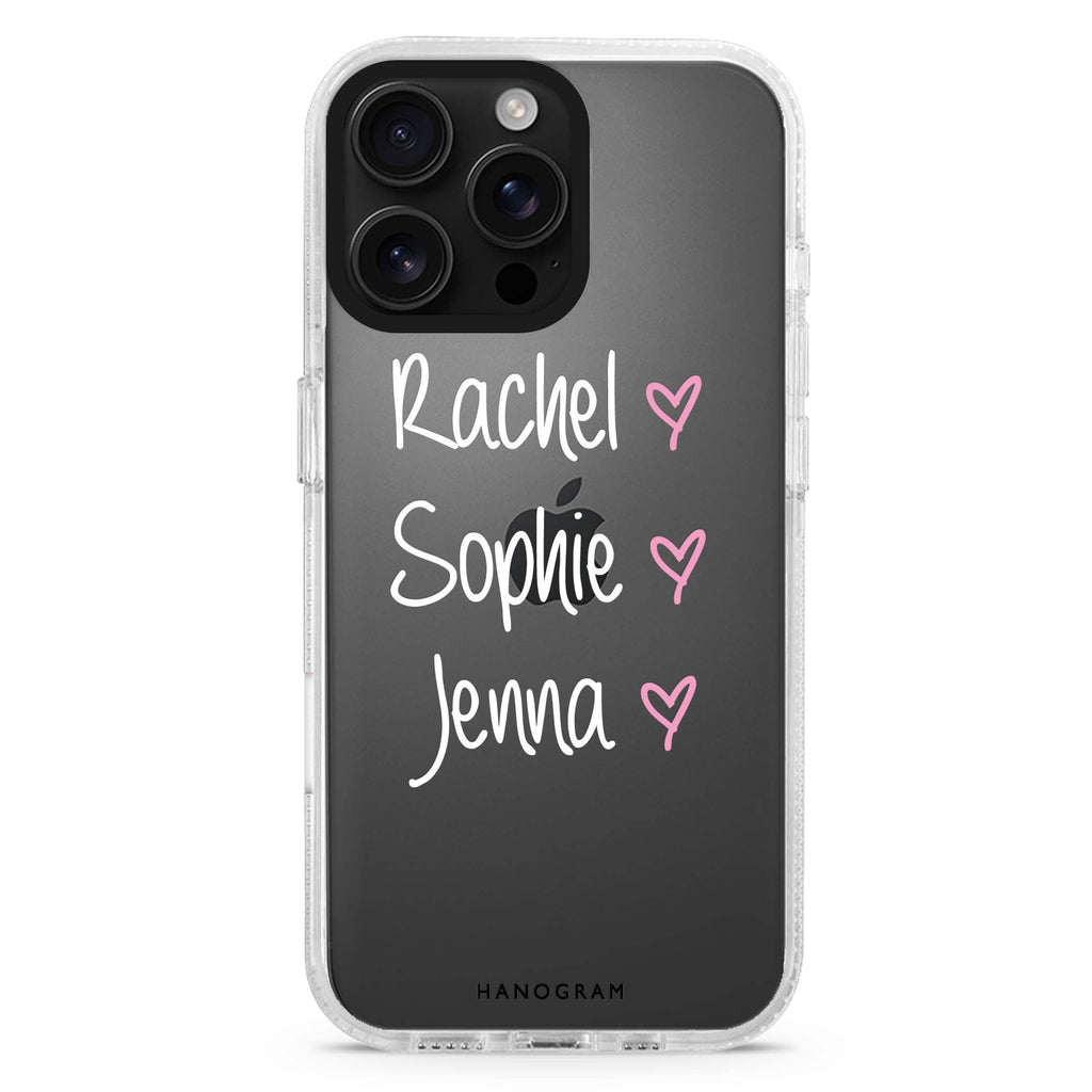 Three of Us custom name iPhone 16/15/14 Pro Max & Pro ultra clear case romantic design, front product view
