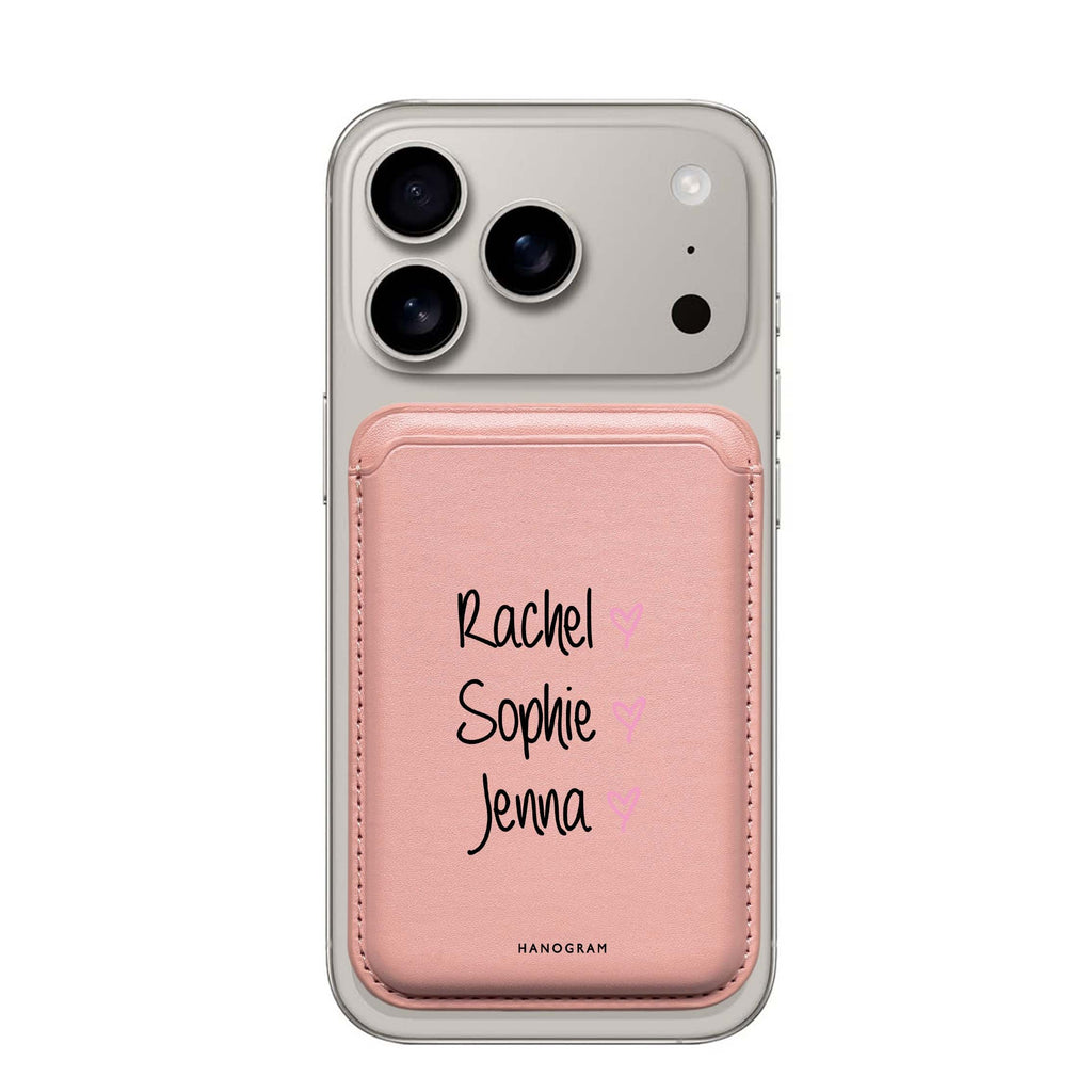 Three of Us custom name MagSafe wallet for iPhone, personalized magnetic card holder, main view