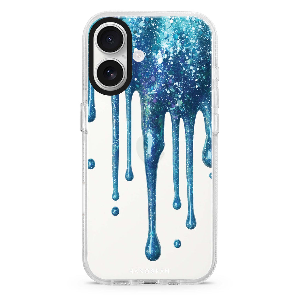 Gleaming Drips iPhone 16 and 16 Plus ultra clear case, transparent graphic artwork, front product view