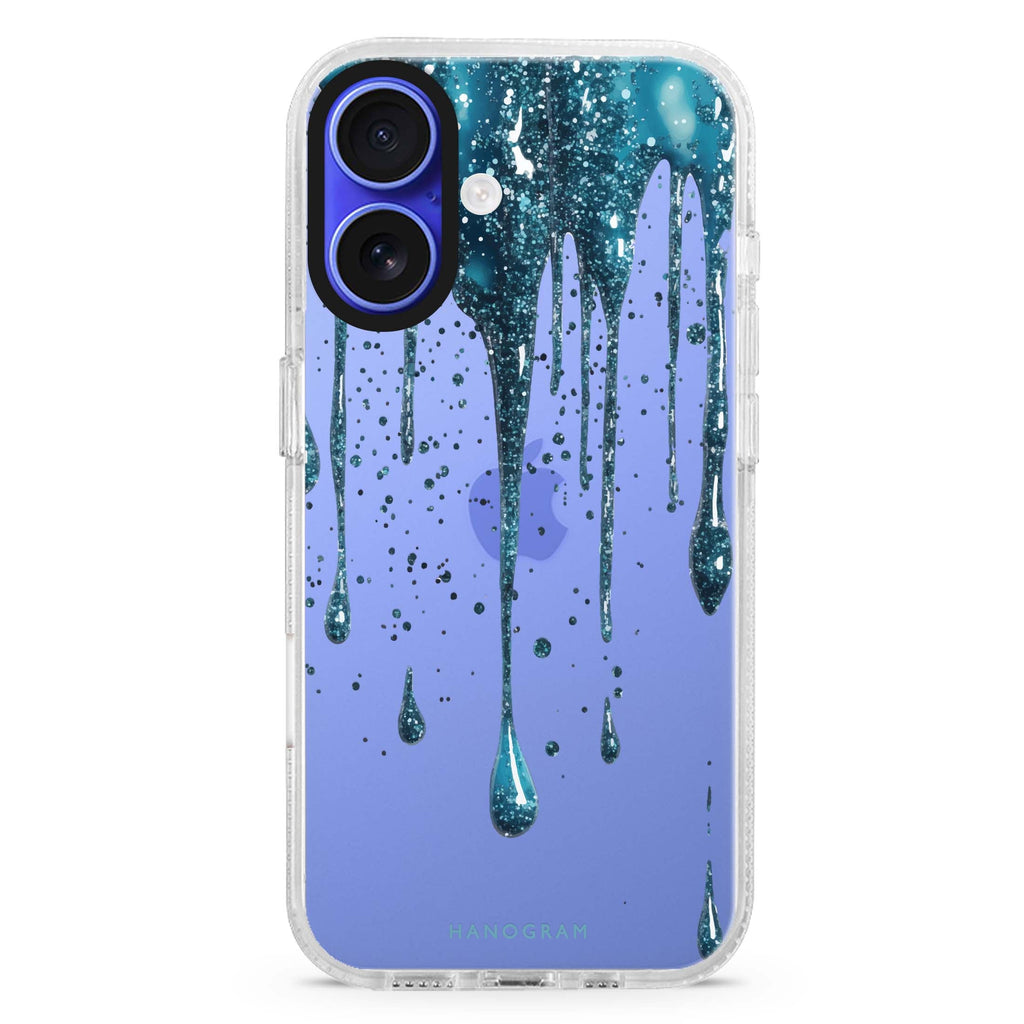 Aqua Shimmer iPhone 16 and 16 Plus ultra clear case, transparent graphic artwork, front product view