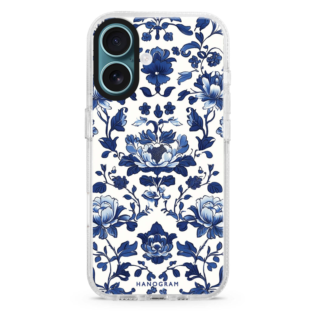 Porcelain Elegance iPhone 16 and 16 Plus ultra clear case, transparent graphic artwork, front product view