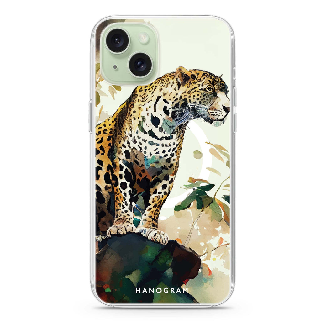 A leopard iPhone 15 Plus MagSafe Compatible Ultra Clear Case