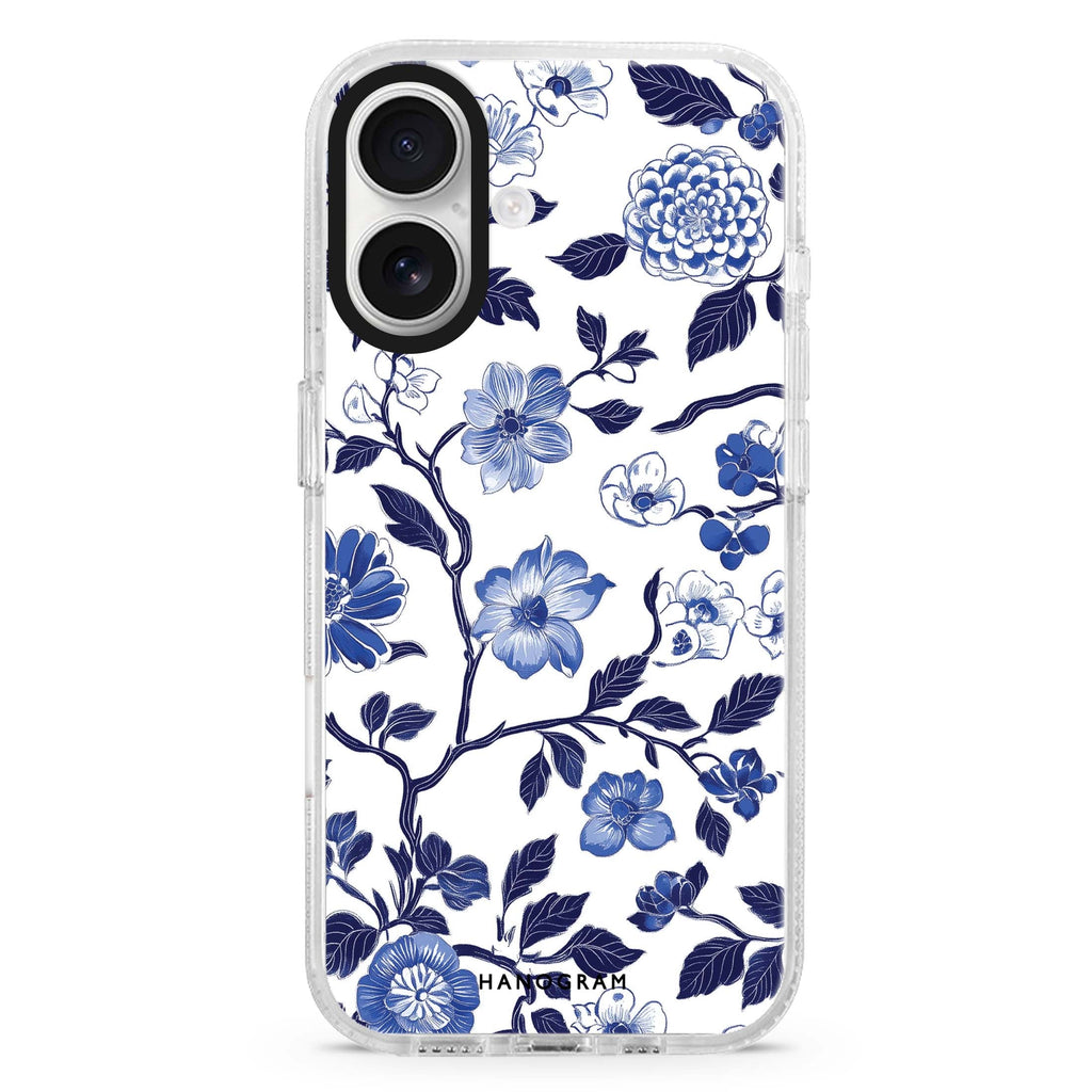 Dynasty Blue iPhone 16 and 16 Plus ultra clear case, transparent colorful artwork, front product view
