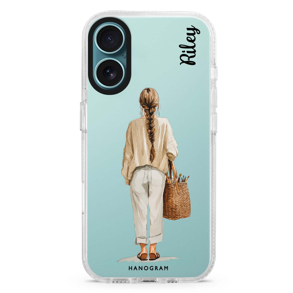 Linen Days custom name iPhone 16 and 16 Plus ultra clear case, transparent abstract pattern, front product view