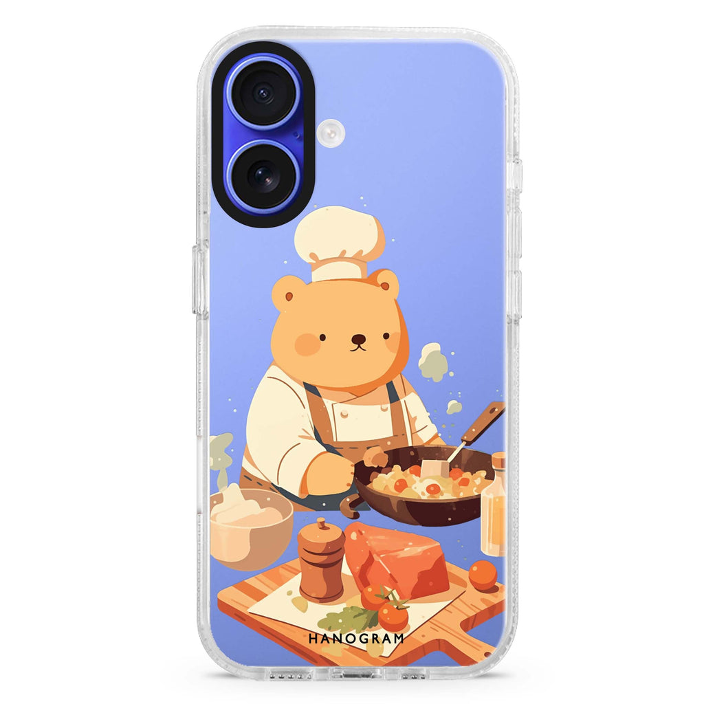 Culinary Bear iPhone 16 and 16 Plus ultra clear case, transparent animal artwork, front product view