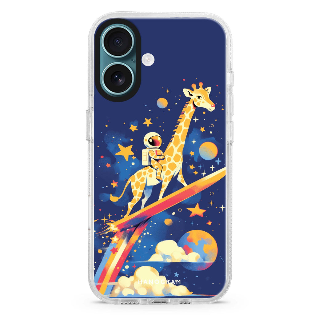 Galactic Ride iPhone 16 and 16 Plus ultra clear case, transparent graphic artwork, front product view