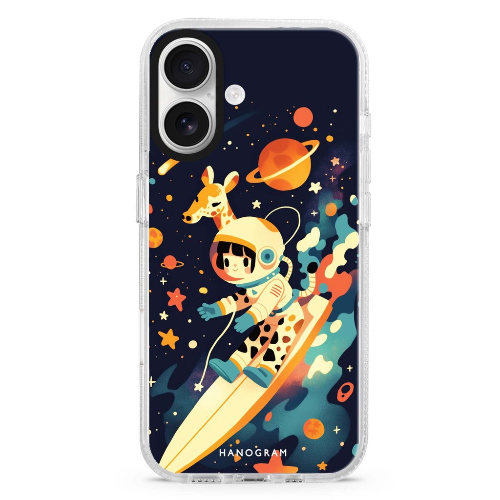 Space Giraffe iPhone 16 and 16 Plus ultra clear case, transparent celestial artwork, front product view