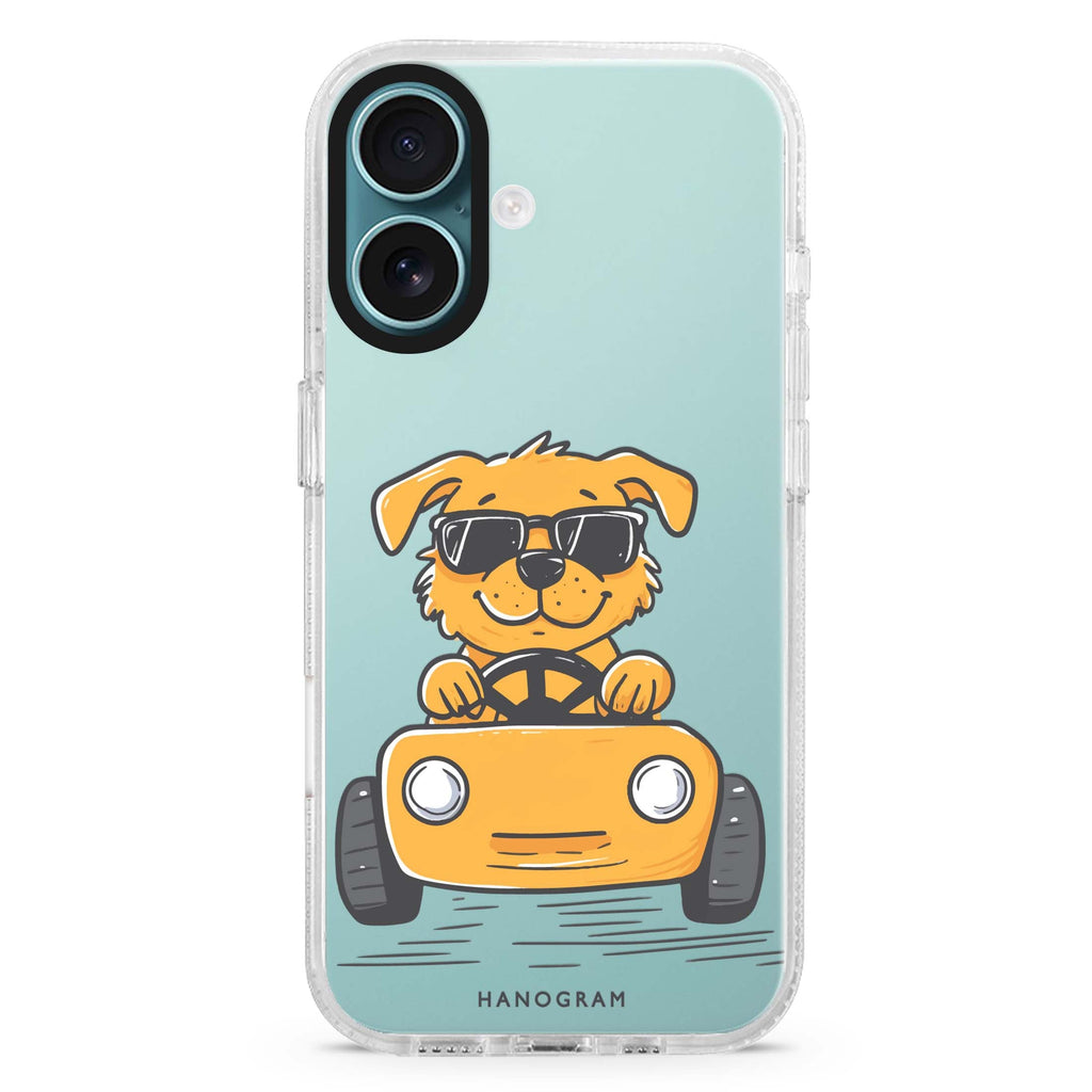 Cool Pup Drive iPhone 16 and 16 Plus ultra clear case, transparent graphic artwork, front product view
